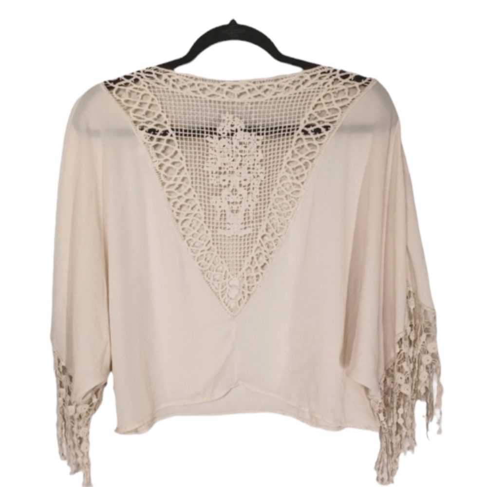 MONTEAU Cream Semi Sheer Front Crochet Back & Fringe Sleeve Top X-Small